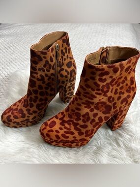 Platform Leopard Ankle Booties High Heel Ankle Boots Block Heel Faux Suede 7.5